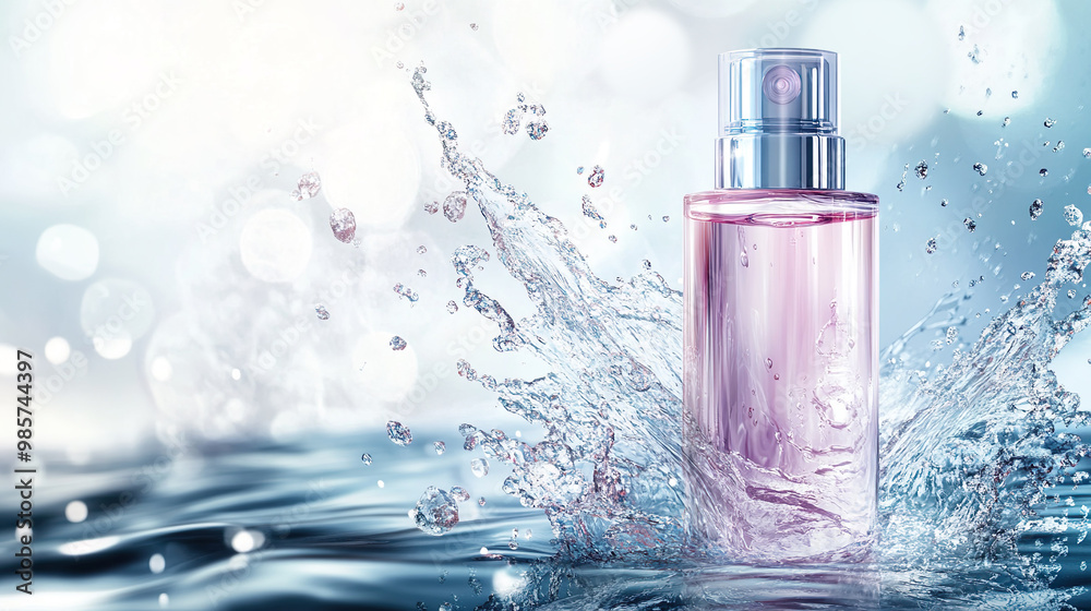 Horizontal background with bottle of cosmetics for care and splashes of water. Care, perfumery, spa, moisturizing, cleansing.