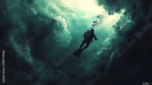 A lone scuba diver explores a deep and mysterious underwater cavern.