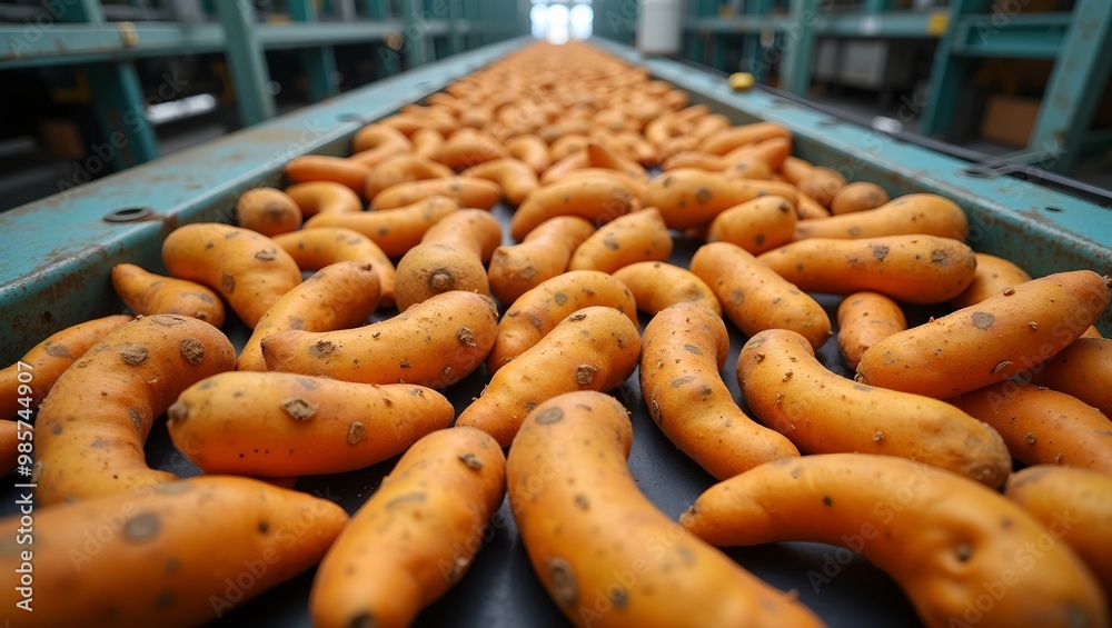 Vibrant sweet potatoes on conveyor belt under factory lights Vibrant sweet potatoes on conveyor belt under factory lights
