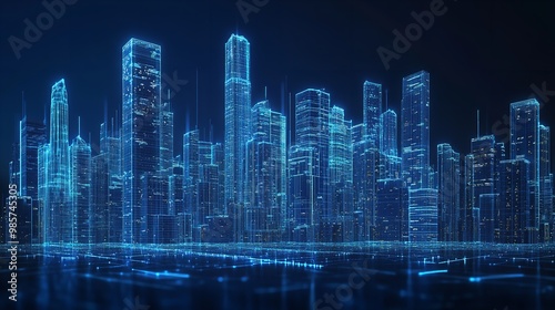 Nighttime view of a technologically advanced city with sleek, illuminated skyscrapers. Premium background for the latest technology needs.