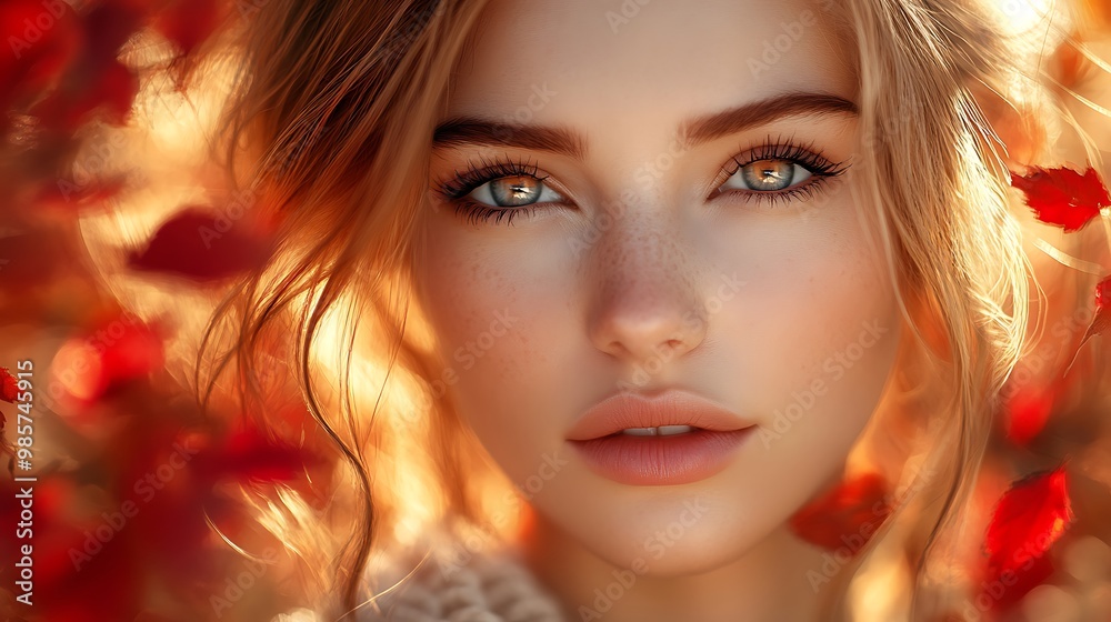 Portrait of a young woman with freckles looking directly at the camera with red leaves behind her. Portrait of a young woman with freckles looking directly at the camera with red leaves behind her.