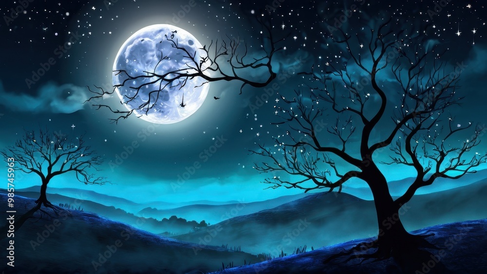 A haunting full moon illuminates a spooky night scene with a twisted tree and flying bats over a misty graveyard, evoking a chilling Halloween atmospher A haunting full moon illuminates a spooky night scene with a twisted tree and flying bats over a misty graveyard, evoking a chilling Halloween atmospher
