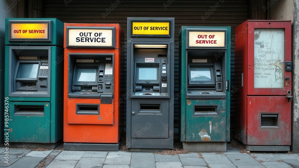 A row of four out-of-service ATMs in varying conditions and colors, with a red vending machine to the far right, situated on a concrete sidewalk in an urban setting. A row of four out-of-service ATMs in varying conditions and colors, with a red vending machine to the far right, situated on a concrete sidewalk in an urban setting.