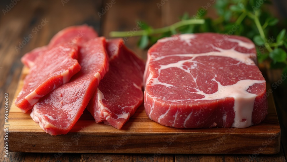 Various cuts of raw beef are artfully arranged on a rustic wooden board, accompanied by vibrant green herbs, showcasing the meat's varying textures and marbling against a wooden backdrop. Various cuts of raw beef are artfully arranged on a rustic wooden board, accompanied by vibrant green herbs, showcasing the meat's varying textures and marbling against a wooden backdrop.