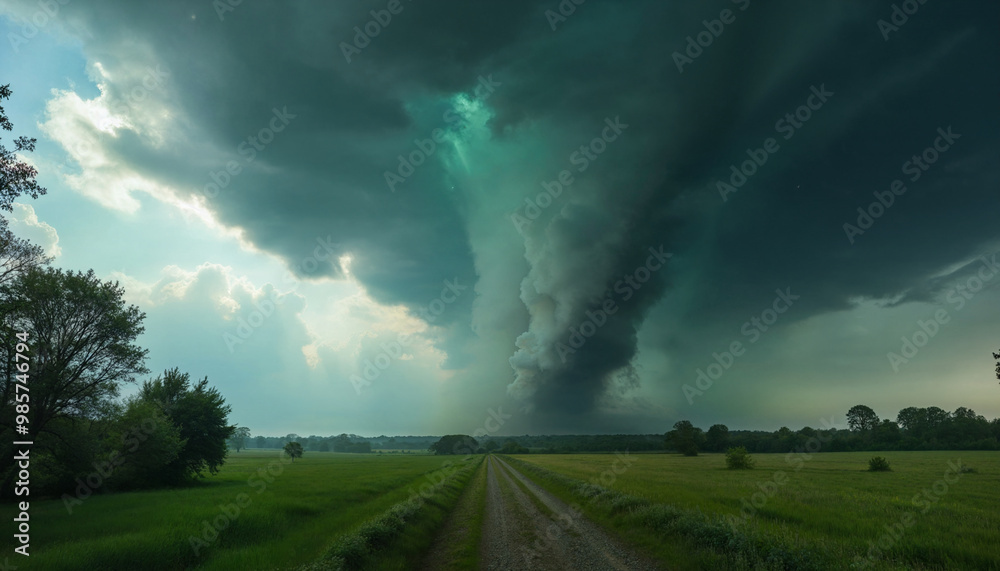 Obraz premium A storm is brewing in the distance, with dark clouds looming over a field