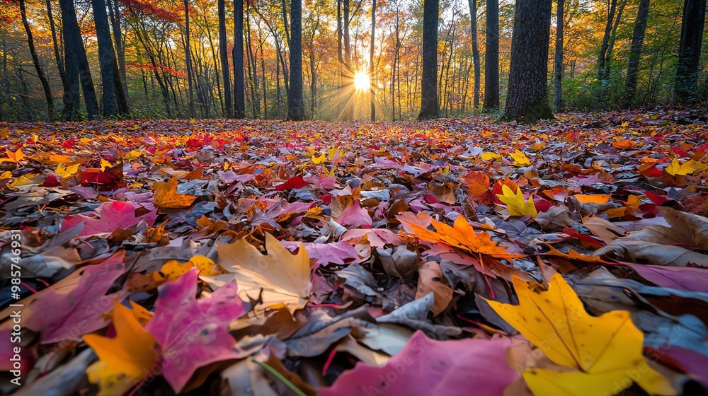 A low angle view of colorful fall leaves on the forest floor with the sun shining through the trees in the background. A low angle view of colorful fall leaves on the forest floor with the sun shining through the trees in the background.