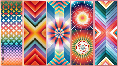 Vibrant geometric patterns and colorful gradients are arranged in a series of five vertical panels. Each panel has a unique combination of symmetry, lines and radial design. AI generated. photo