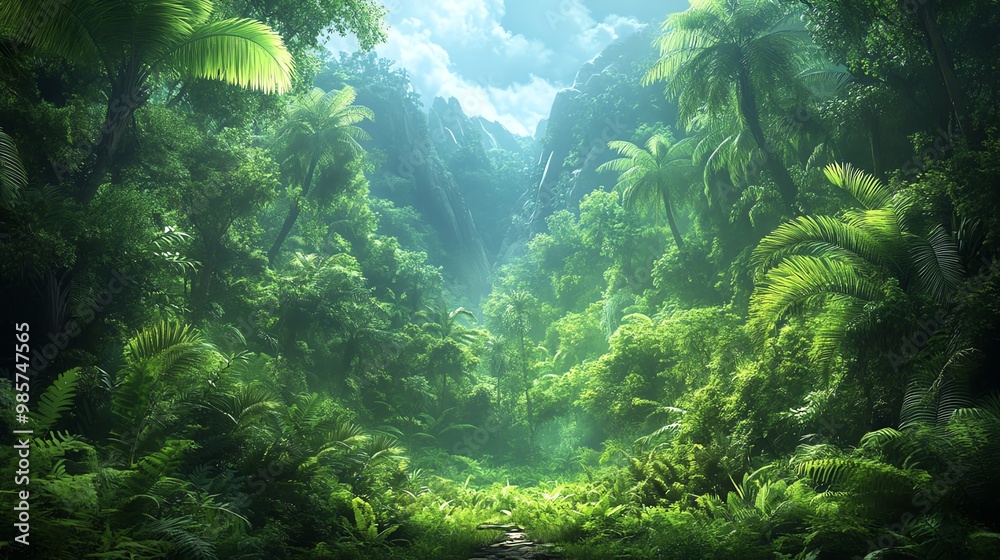 A lush, green tropical jungle with tall palm trees, dense foliage, and a path leading into the distance. A lush, green tropical jungle with tall palm trees, dense foliage, and a path leading into the distance.
