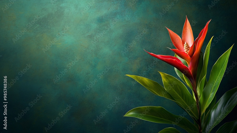 A single red flower with green leaves on a textured green background. A single red flower with green leaves on a textured green background.
