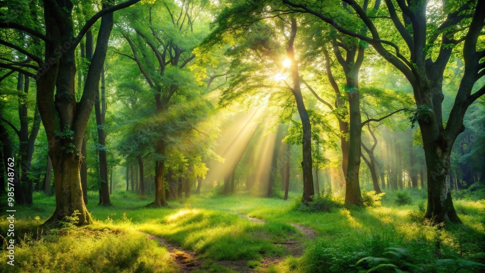 Obraz premium Lush greenery and dappled sunlight in a peaceful forest setting