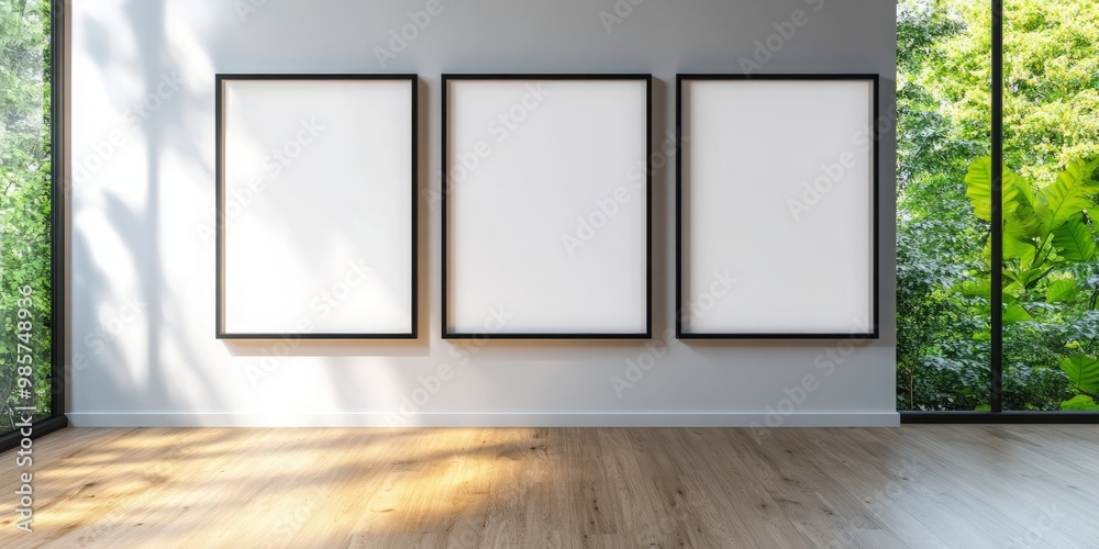Three blank picture frames hang on a white wall in a minimalist room ...