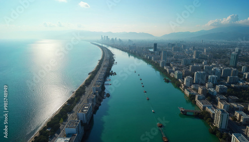 Wallpaper Mural A city with a river running through it and a beach in the background Torontodigital.ca