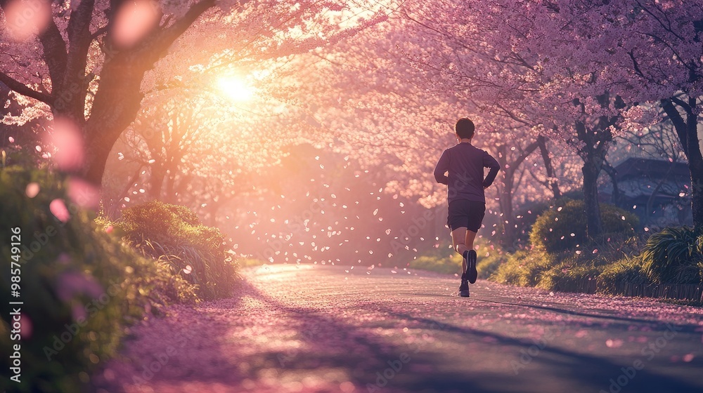 Runner Under Cherry Blossom Trees in Spring