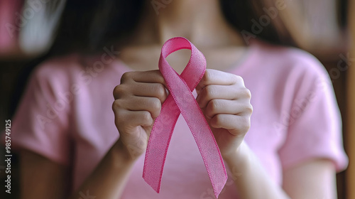 young woman in pink t-shirt holding pink ribbon in loop shape, breast cancer symbol, world breast cancer day, october 15, women's health, oncology, mammology, beautiful girl, prevention, disease