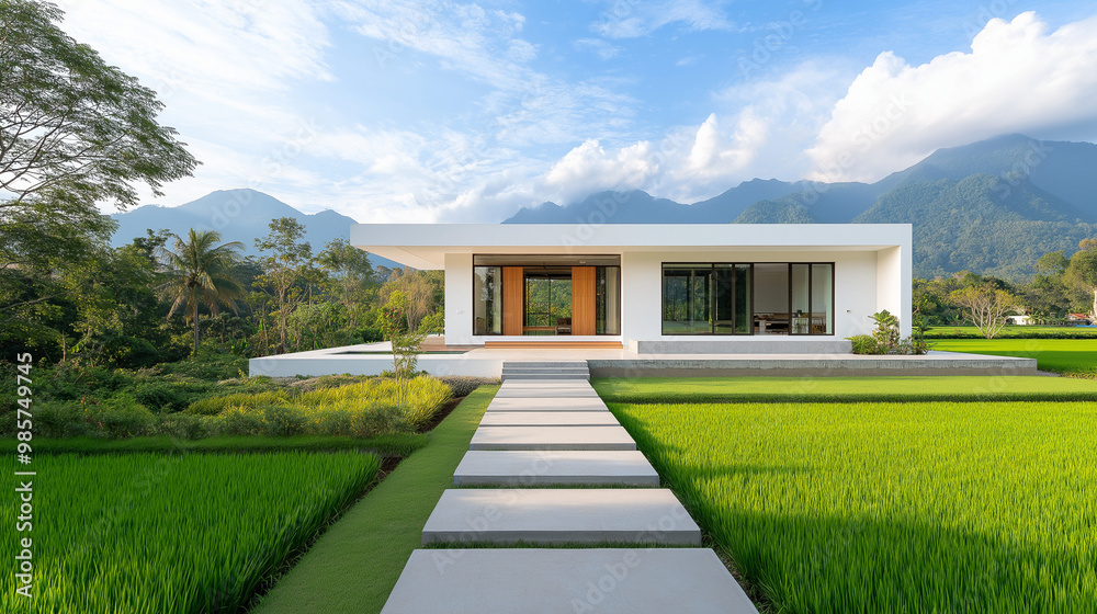 A white modernist house in the middle of rice fields, with wooden ...