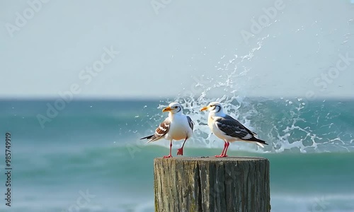 Two seagulls resting on a pier post, with the ocean waves crashing against the shore behind them photo