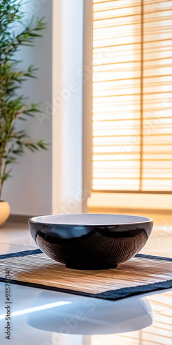 Elegant black bowl on a bamboo mat with natural light filtering through blinds in a serene indoor setting