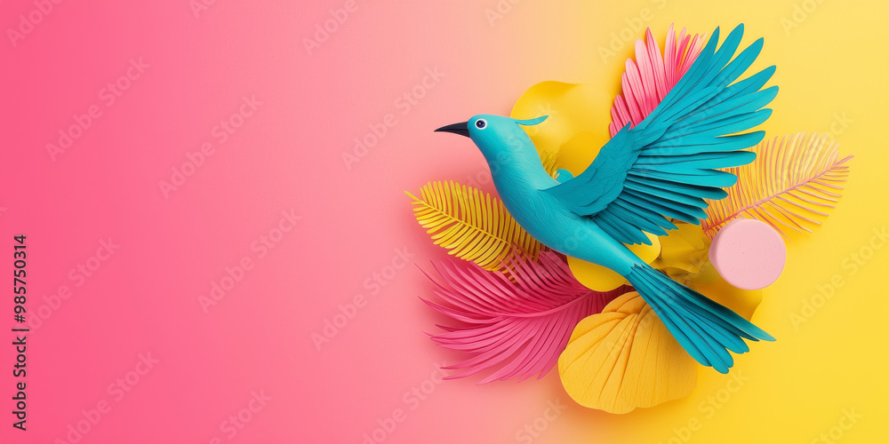 Obraz premium vibrant bird in dynamic pose surrounded by colorful leaves creates lively scene