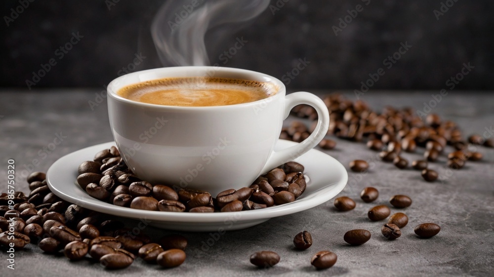 AI Generated hot coffee in a white cup with coffee beans around it AI Generated hot coffee in a white cup with coffee beans around it