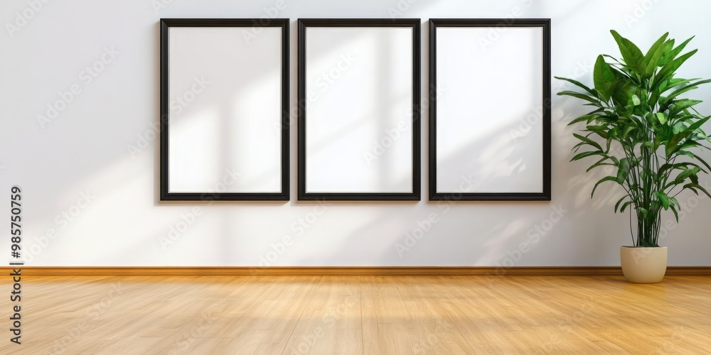 Three blank frames with black borders hang on a white wall, perfect for showcasing artwork or photos. A potted plant adds a touch of life to the minimalist interior design. Three blank frames with black borders hang on a white wall, perfect for showcasing artwork or photos. A potted plant adds a touch of life to the minimalist interior design.
