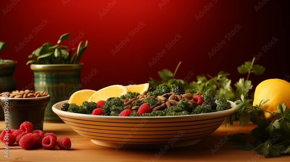 Nut and Fruit Bowl with Mixed Greens Bright Yellow Background for Refreshing Food Shot Nut and Fruit Bowl with Mixed Greens Bright Yellow Background for Refreshing Food Shot