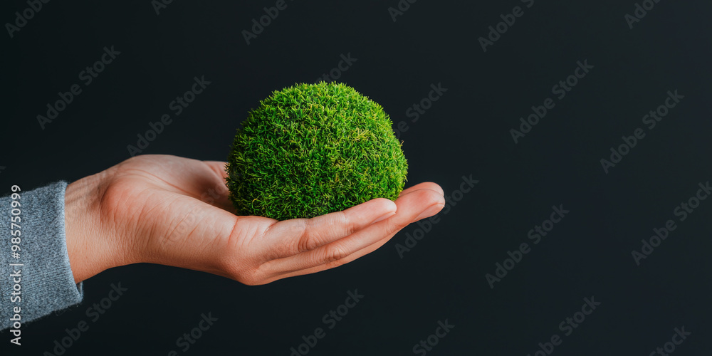 hand holding mossy green sphere symbolizes nature and sustainability hand holding mossy green sphere symbolizes nature and sustainability