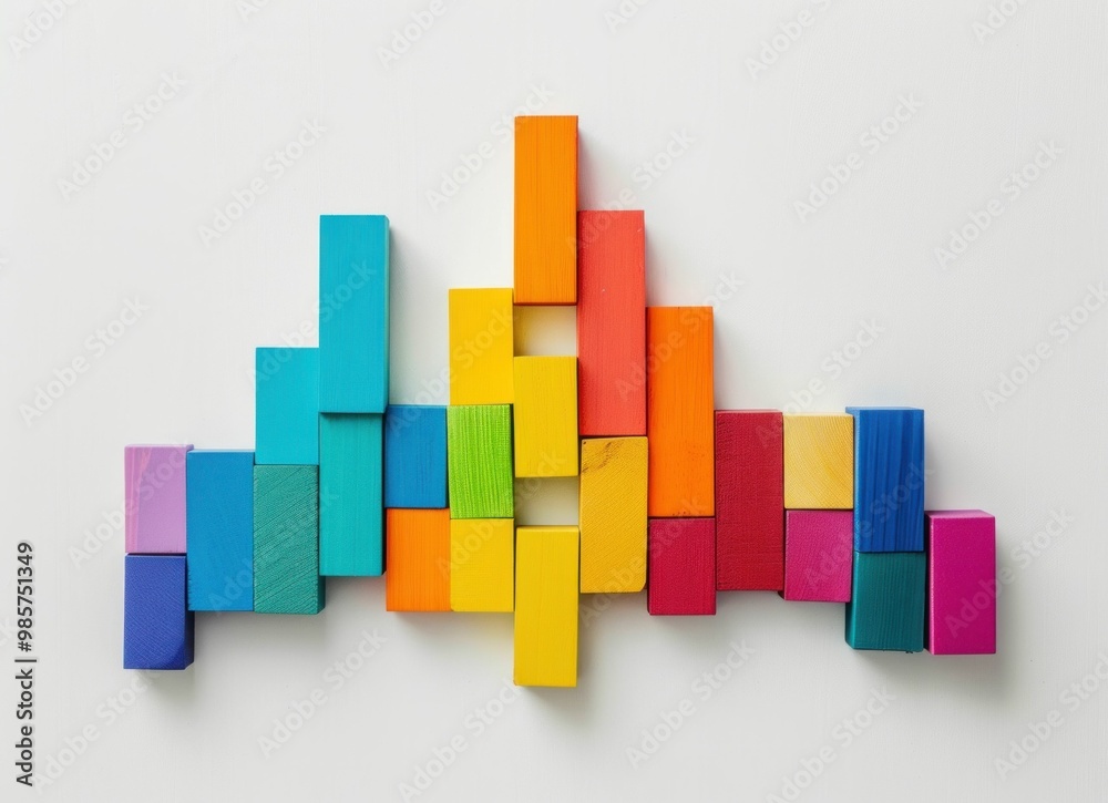 Colorful geometric wooden blocks arranged in a vibrant pattern, showcasing various shades including blue, green, yellow, orange, and red against a bright white background Colorful geometric wooden blocks arranged in a vibrant pattern, showcasing various shades including blue, green, yellow, orange, and red against a bright white background
