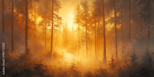 A misty sunrise casts a warm glow on a dense forest, highlighting the tall trees and creating a magical atmosphere.