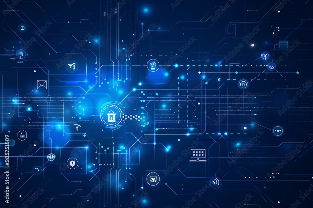 Abstract blue background with circuit board and icons