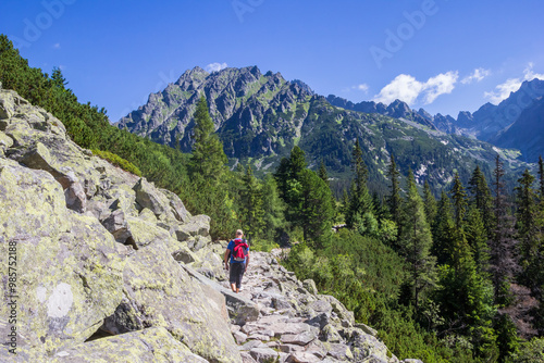 Obraz na płótnie Man hiking the rocky trail to the Popradske Pleso lake, Slovakia w salonie
