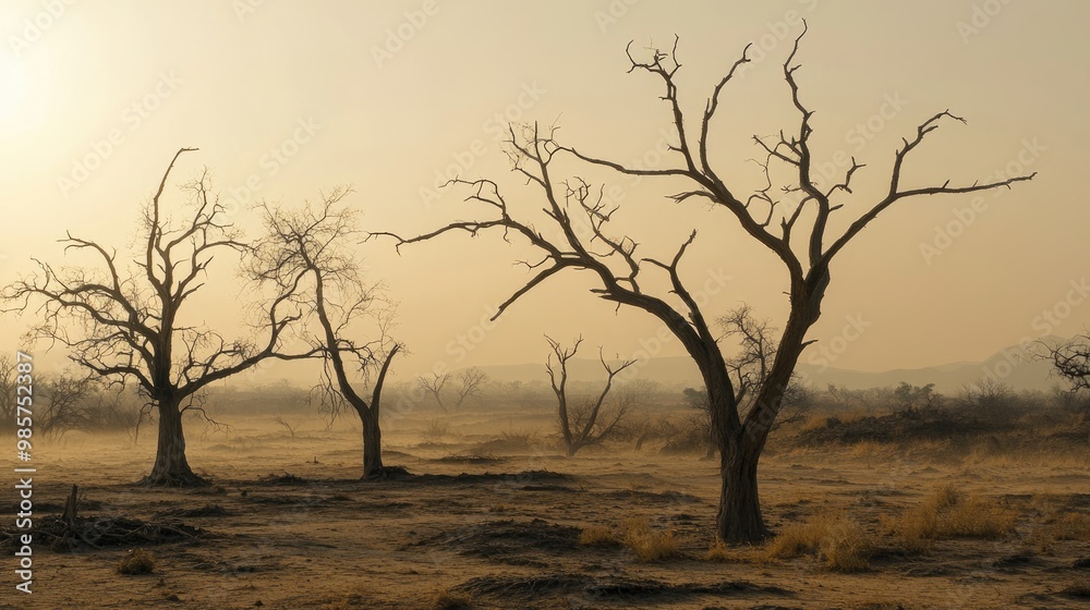 Dry, brittle trees with leafless branches, standing in a barren landscape under a hazy sky, signifying climate-induced drought. Dry, brittle trees with leafless branches, standing in a barren landscape under a hazy sky, signifying climate-induced drought.