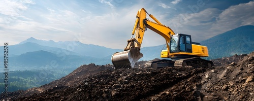 A yellow excavator operates on rugged terrain, lifting earth against a backdrop of mountains under a clear blue sky. photo