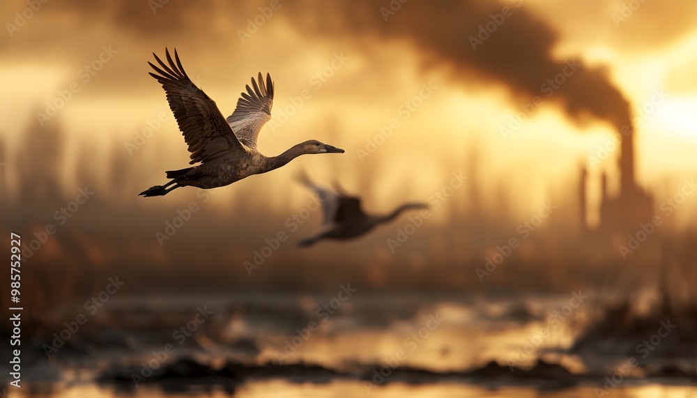 Fototapeta premium Two geese fly over a tranquil water body, framed by a hazy skyline with smoke, blending nature and industry at sunset.