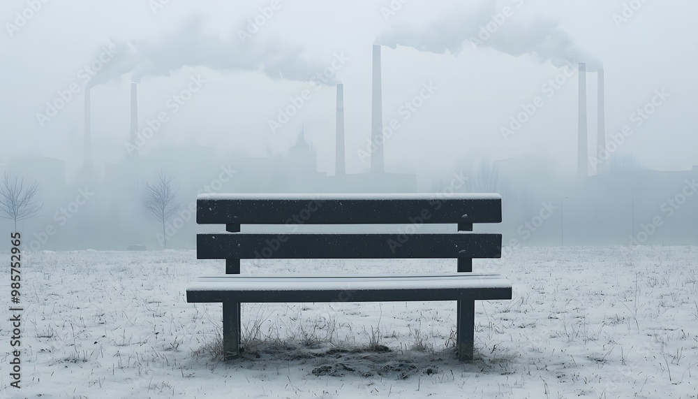 Obraz premium A solitary bench covered in snow stands in a foggy landscape, with factory smokestacks emitting white smoke in the background.