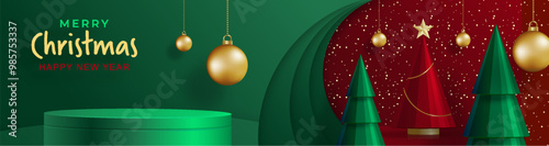 3d Podium round stage style, for Merry Christmas and happy new year on green color background