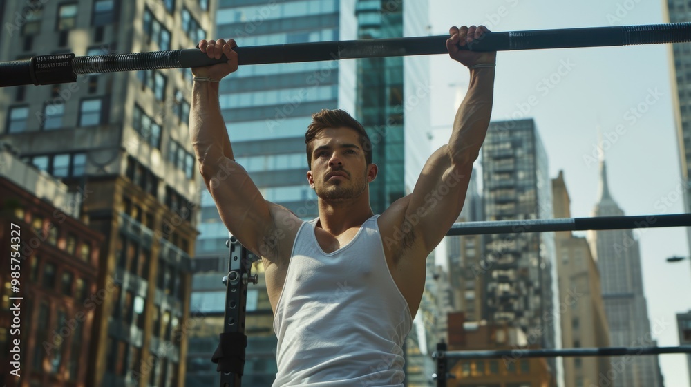 Naklejka premium Man Practicing Calisthenics in Urban Outdoor Gym with Cityscape Background Enhancing Workout Vibe