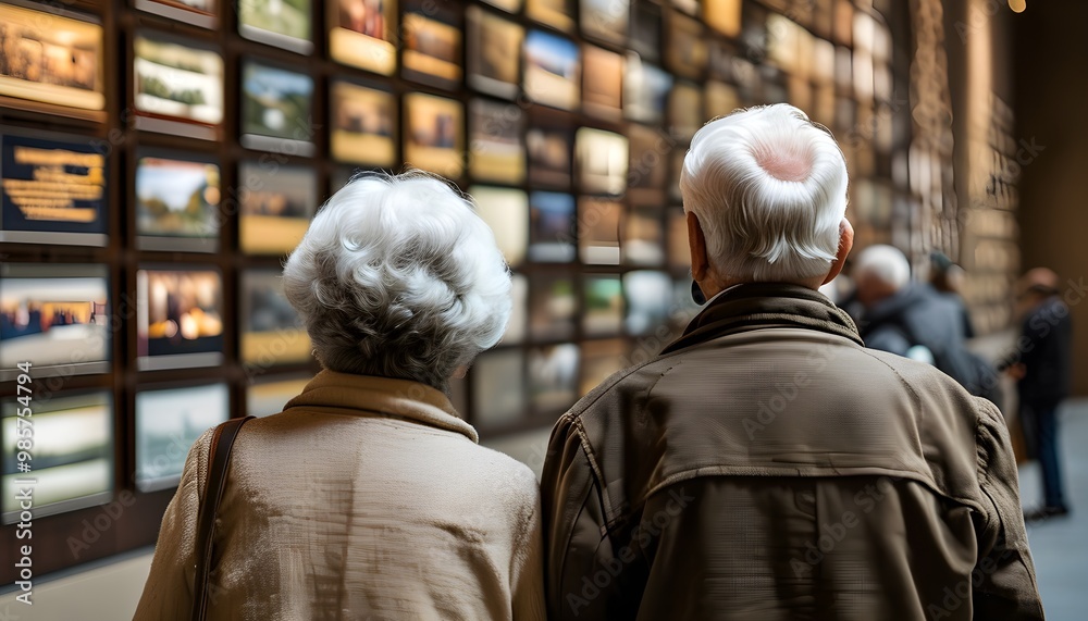 Elderly couple reflecting at a solemn memorial wall, sharing memories