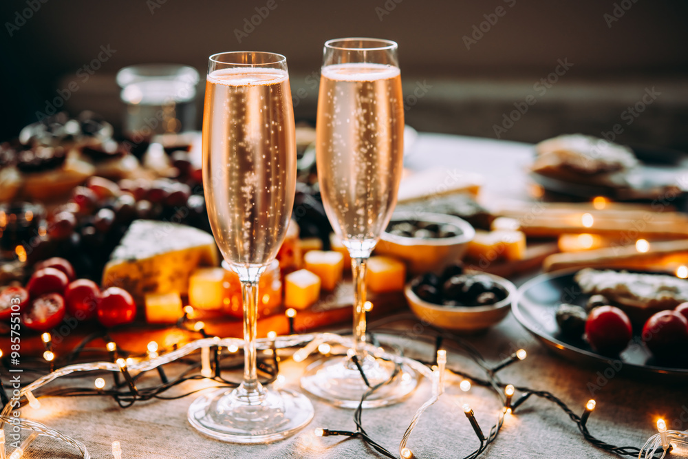 Glasses of sparkling wine or champagne served on the table for Christmas or New Year eve celebration.