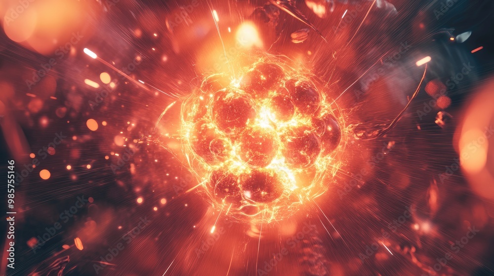 Fission reaction with a nucleus splitting and releasing energy in a controlled nuclear reactor environment. Fission reaction with a nucleus splitting and releasing energy in a controlled nuclear reactor environment.