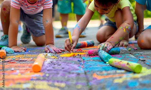 A group of children playing with chalk on the ground 4K Video