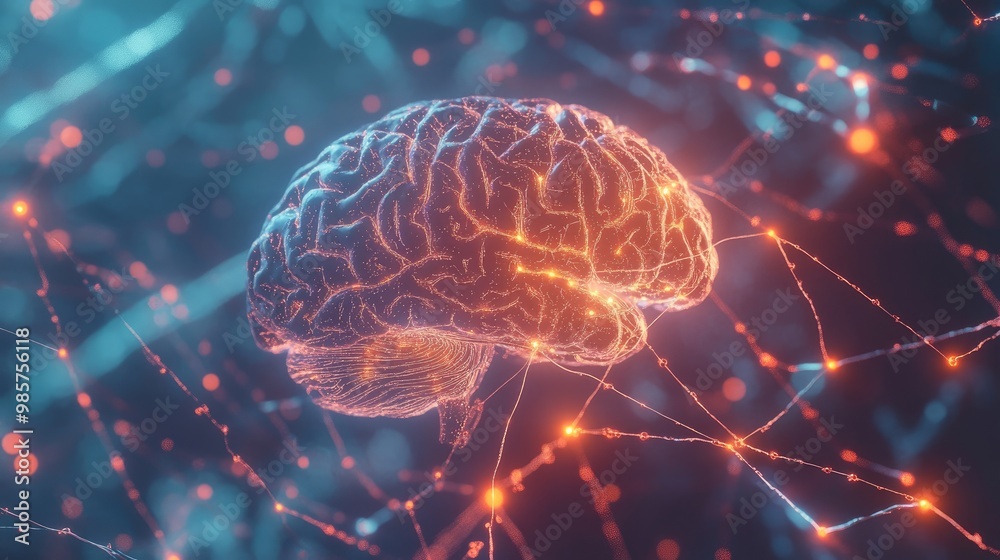 Human brain with neural connections lighting up, demonstrating synapses and neurological functions in biology. Human brain with neural connections lighting up, demonstrating synapses and neurological functions in biology.