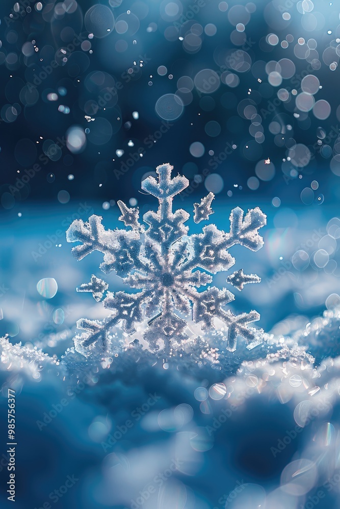 A Single Snowflake on a Blue Background with Bokeh A Single Snowflake on a Blue Background with Bokeh