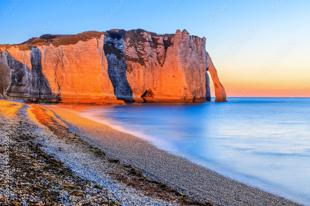 Normandy, France. Etretat village cliffs.