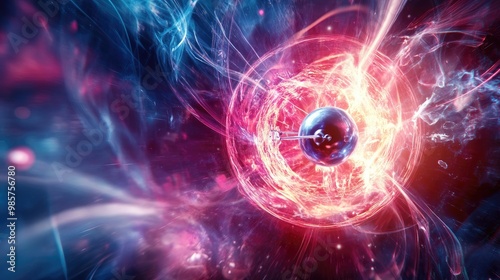 Illustration of a photon colliding with an electron, representing particle physics and the photoelectric effect. photo