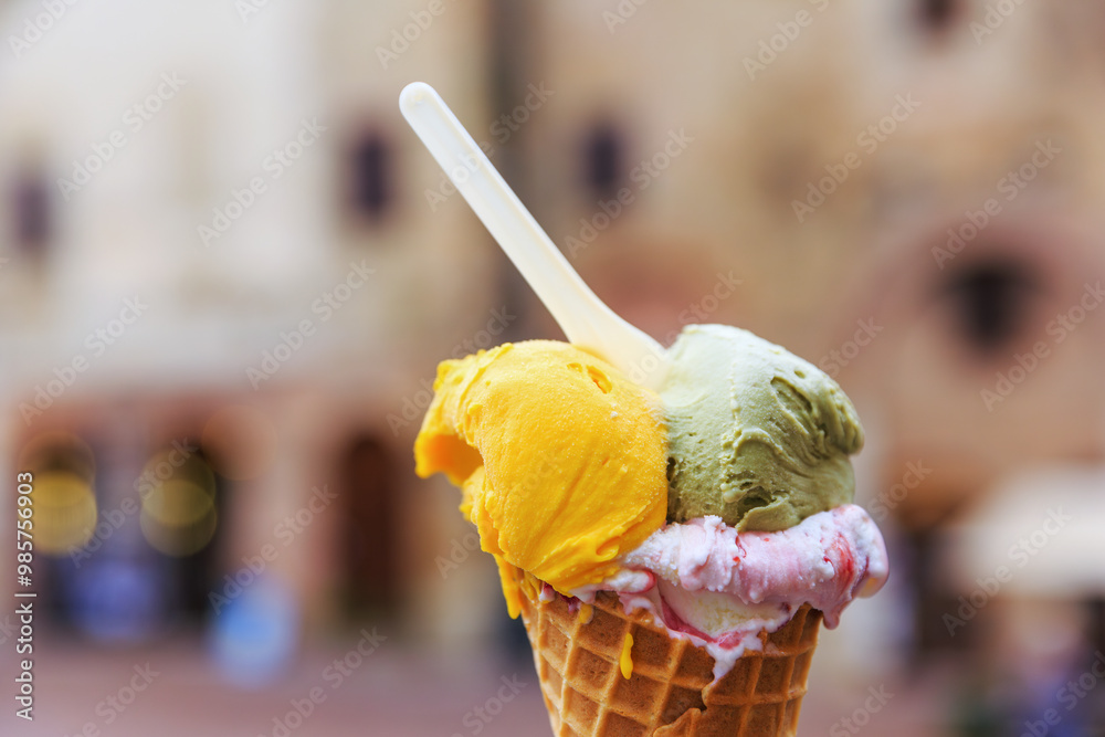 Closeup of a refreshing sweet cone ice cream.