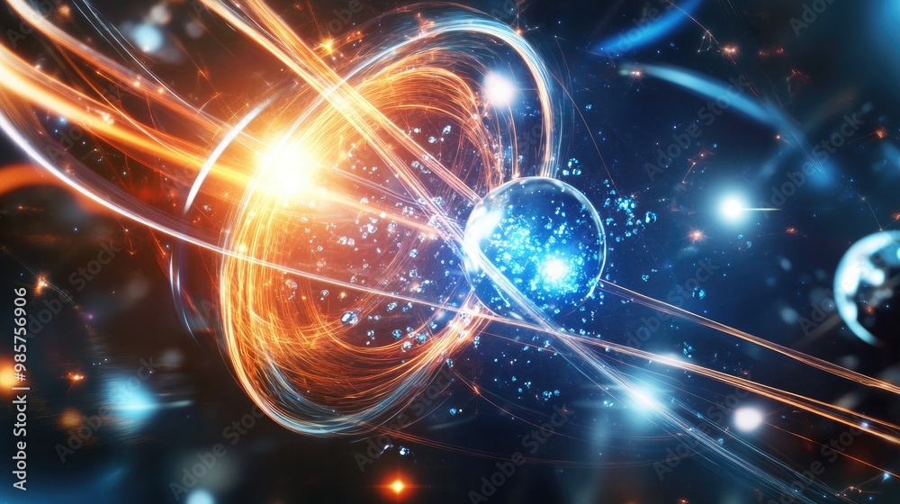 Obraz premium Illustration of a photon colliding with an electron, representing particle physics and the photoelectric effect.