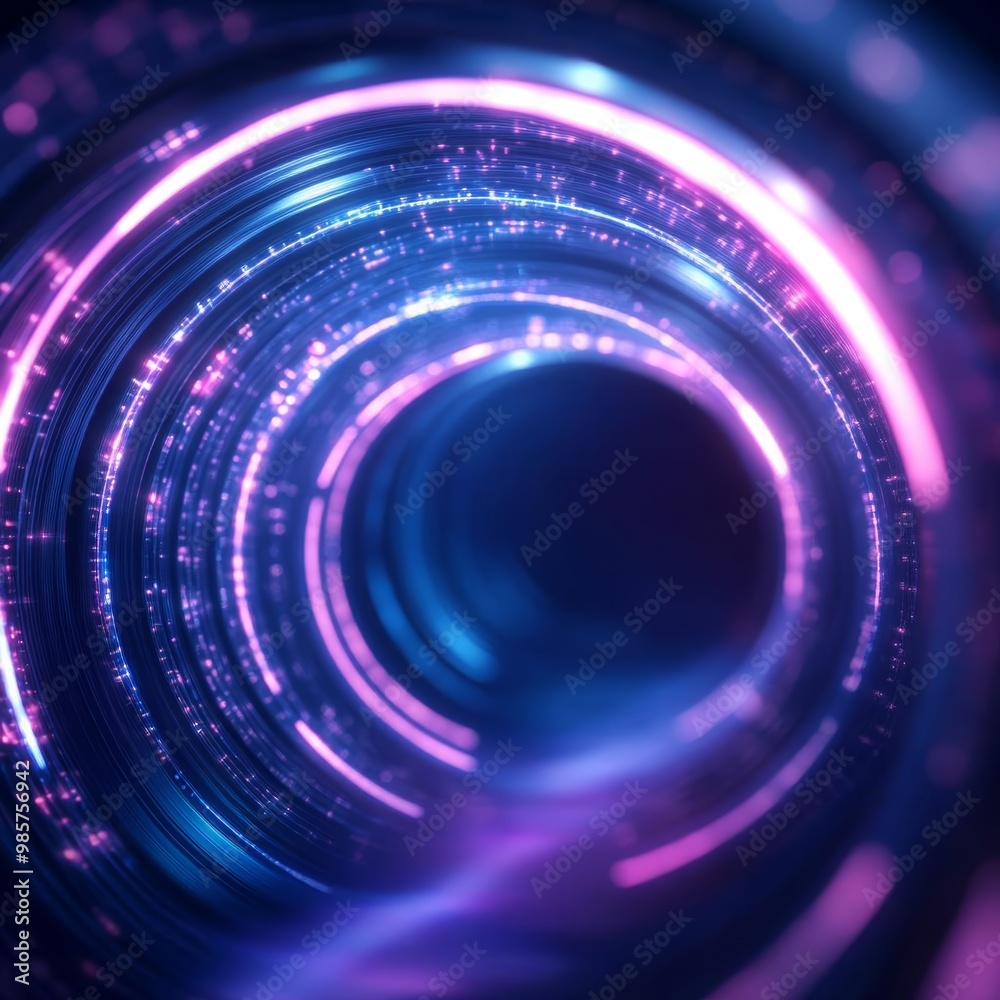 Obraz premium Futuristic glowing tunnel with bright neon lights, abstract sci-fi background.