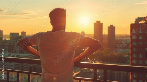 Morning Stretch on Balcony Overlooking City Skyline at Sunrise - Health and Wellness Motivation