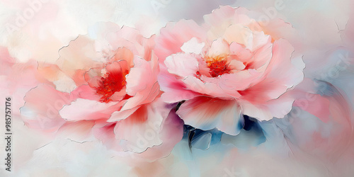 Peonies painting art therapy, serene floral artwork, pastel colors, soft brush strokes, copy space concept