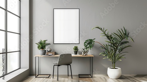 A poster mockup hanging in a minimalist office space with a light gray wall, sleek desk, and simple decor.